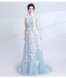 Solvbao Light Blue Long V Back Formal Dress with Lace Applique, Blue Prom Dresses Party Dress