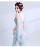 Solvbao Light Blue Long V Back Formal Dress with Lace Applique, Blue Prom Dresses Party Dress