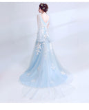 Solvbao Light Blue Long V Back Formal Dress with Lace Applique, Blue Prom Dresses Party Dress