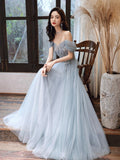 Solvbao Light Blue Off Shoulder A-line Tulle Evening Dress Prom Dress, Blue Long Party Dresses