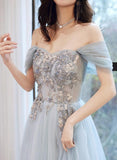 Solvbao Light Blue Off Shoulder A-line Tulle Evening Dress Prom Dress, Blue Long Party Dresses