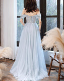 Solvbao Light Blue Off Shoulder A-line Tulle Evening Dress Prom Dress, Blue Long Party Dresses