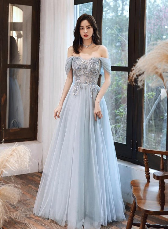 Solvbao Light Blue Off Shoulder A-line Tulle Evening Dress Prom Dress, Blue Long Party Dresses