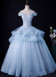 solvbao Light Blue Off Shoulder Lace Applique Ball Gown Formal Dress, Blue Sweet 16 Gown