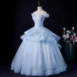 solvbao Light Blue Off Shoulder Lace Applique Ball Gown Formal Dress, Blue Sweet 16 Gown