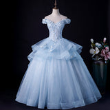 solvbao Light Blue Off Shoulder Lace Applique Ball Gown Formal Dress, Blue Sweet 16 Gown