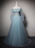 Solvbao Light Blue Off Shoulder Long Sleeves Tulle Party Dress with Lace, A-line Blue Formal Dresses