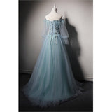 Solvbao Light Blue Off Shoulder Long Sleeves Tulle Party Dress with Lace, A-line Blue Formal Dresses