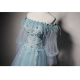 Solvbao Light Blue Off Shoulder Long Sleeves Tulle Party Dress with Lace, A-line Blue Formal Dresses