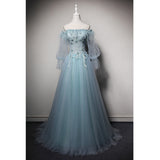 Solvbao Light Blue Off Shoulder Long Sleeves Tulle Party Dress with Lace, A-line Blue Formal Dresses