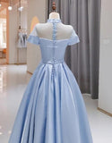 solvbao Light Blue Satin Short Sleeves High Neckline Long Evening Dress, New Style Party Dress Formal Dress