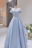 solvbao Light Blue Satin Short Sleeves High Neckline Long Evening Dress, New Style Party Dress Formal Dress