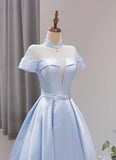 solvbao Light Blue Satin Short Sleeves High Neckline Long Evening Dress, New Style Party Dress Formal Dress