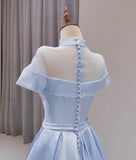 solvbao Light Blue Satin Short Sleeves High Neckline Long Evening Dress, New Style Party Dress Formal Dress