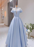 solvbao Light Blue Satin Short Sleeves High Neckline Long Evening Dress, New Style Party Dress Formal Dress