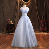 Solvbao Light Blue Sweetheart Lace Applique Shiny Tulle Long Party Dress, Blue Prom Dress