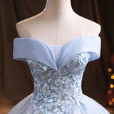 Solvbao Light Blue Sweetheart Lace Applique Shiny Tulle Long Party Dress, Blue Prom Dress