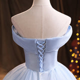 Solvbao Light Blue Sweetheart Lace Applique Shiny Tulle Long Party Dress, Blue Prom Dress