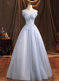 Solvbao Light Blue Sweetheart Lace Applique Shiny Tulle Long Party Dress, Blue Prom Dress