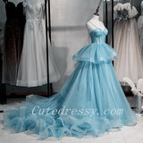 Solvbao Light Blue Sweetheart Layers Tulle Long Evening Gowns, Blue Wedding Party Dresses