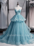 Solvbao Light Blue Sweetheart Layers Tulle Long Evening Gowns, Blue Wedding Party Dresses