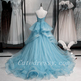 Solvbao Light Blue Sweetheart Layers Tulle Long Evening Gowns, Blue Wedding Party Dresses