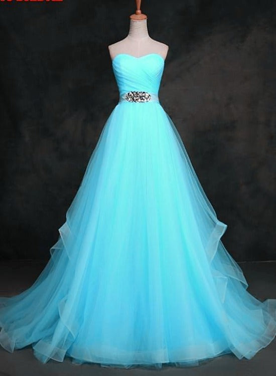 Solvbao Light Blue Sweetheart Tulle Long Formal Dress with Belt, Charming Tulle Sweet 16 Dresses