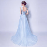 Solvbao Light Blue Tulle Beaded Flowers V-neckline Prom Dress, Long Blue Party Dress Evening Dress