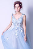 Solvbao Light Blue Tulle Beaded Flowers V-neckline Prom Dress, Long Blue Party Dress Evening Dress