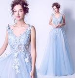 Solvbao Light Blue Tulle Beaded Flowers V-neckline Prom Dress, Long Blue Party Dress Evening Dress