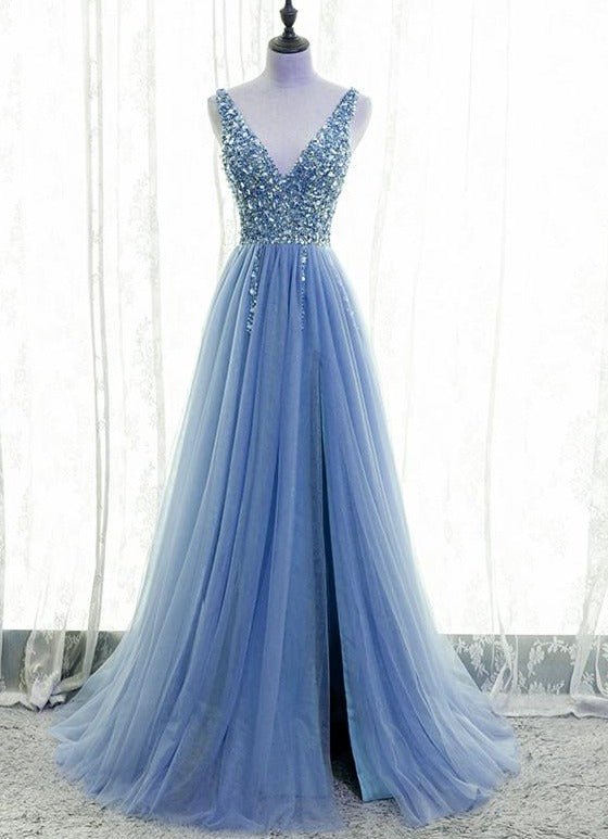 Solvbao Light Blue Tulle Beaded V-neckline Low Back Long Party Dress, Blue Junior Prom Dress