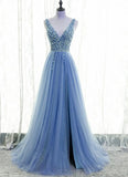 Solvbao Light Blue Tulle Beaded V-neckline Low Back Long Party Dress, Blue Junior Prom Dress