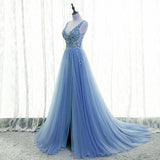 Solvbao Light Blue Tulle Beaded V-neckline Low Back Long Party Dress, Blue Junior Prom Dress