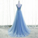 Solvbao Light Blue Tulle Beaded V-neckline Low Back Long Party Dress, Blue Junior Prom Dress