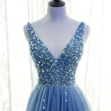 Solvbao Light Blue Tulle Beaded V-neckline Low Back Long Party Dress, Blue Junior Prom Dress