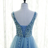 Solvbao Light Blue Tulle Beaded V-neckline Low Back Long Party Dress, Blue Junior Prom Dress