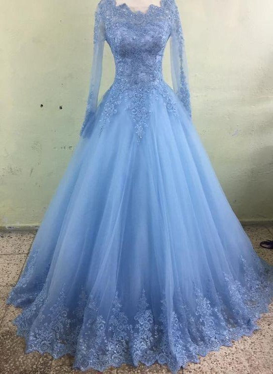 Solvbao Light Blue Tulle Long Sleeves Ball Gown Party Dress with Lace, Blue Evening Dress Prom Dress