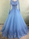 Solvbao Light Blue Tulle Long Sleeves Ball Gown Party Dress with Lace, Blue Evening Dress Prom Dress