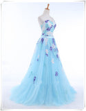 Solvbao Light Blue Tulle Sweetheart Long Party Dress, Blue A-line Formal Dress with Lace Applique