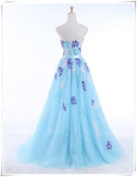 Solvbao Light Blue Tulle Sweetheart Long Party Dress, Blue A-line Formal Dress with Lace Applique