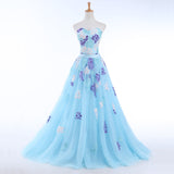 Solvbao Light Blue Tulle Sweetheart Long Party Dress, Blue A-line Formal Dress with Lace Applique