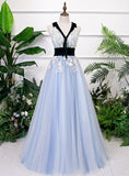 Solvbao Light Blue Tulle with Flowers Lace Long Evening Dress Prom Dress, A-line Party Dresses