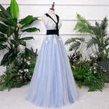 Solvbao Light Blue Tulle with Flowers Lace Long Evening Dress Prom Dress, A-line Party Dresses