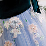 Solvbao Light Blue Tulle with Flowers Lace Long Evening Dress Prom Dress, A-line Party Dresses