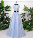 Solvbao Light Blue Tulle with Flowers Lace Long Evening Dress Prom Dress, A-line Party Dresses