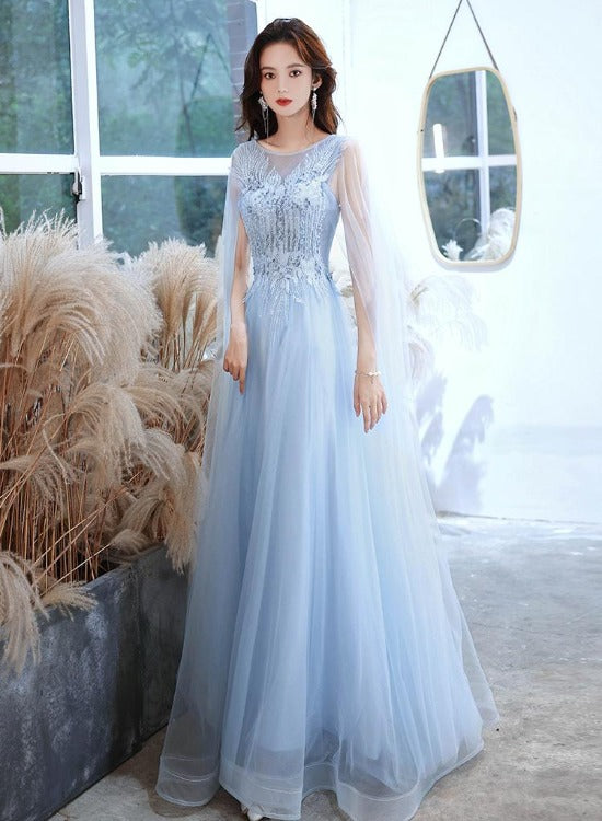 Solvbao Blue Tulle with Lace Elegant A-line New Sytle Party Dress Prom Dress, Blue Formal Dress