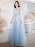 Solvbao Blue Tulle with Lace Elegant A-line New Sytle Party Dress Prom Dress, Blue Formal Dress