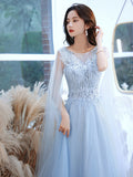 Solvbao Blue Tulle with Lace Elegant A-line New Sytle Party Dress Prom Dress, Blue Formal Dress