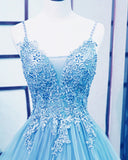 solvbao Light Blue V-neckline Lace Prom Dress with Corset Back, Light Blue Long Evening Dresses