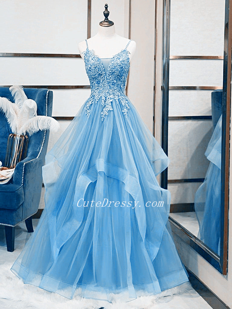 solvbao Light Blue V-neckline Lace Prom Dress with Corset Back, Light Blue Long Evening Dresses